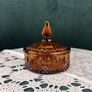 Vintage Indiana Amber Glass Candy Jar Cookie Jar with Lid